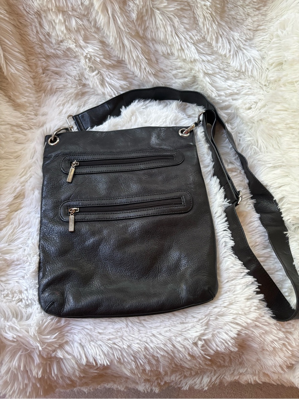 margot Black Leather Crossbody Bag with Dual Front Zips